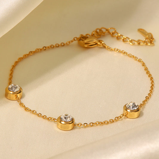 Minimalist Round Geometric Stainless Steel Bracelet with 18K Gold Plating and Zircon Accents for Women