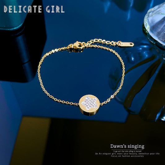 Vintage Star-Shaped Titanium Steel Bracelet with Full Rhinestone Inlay and Gold Plating for Women