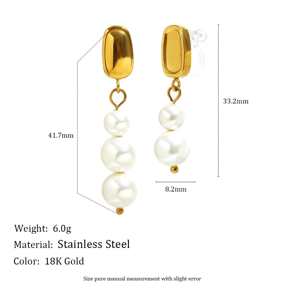 Fashionable Geometric Stainless Steel Plated 18K Gold Zircon Flower Pearl Clip-On Earrings for Women