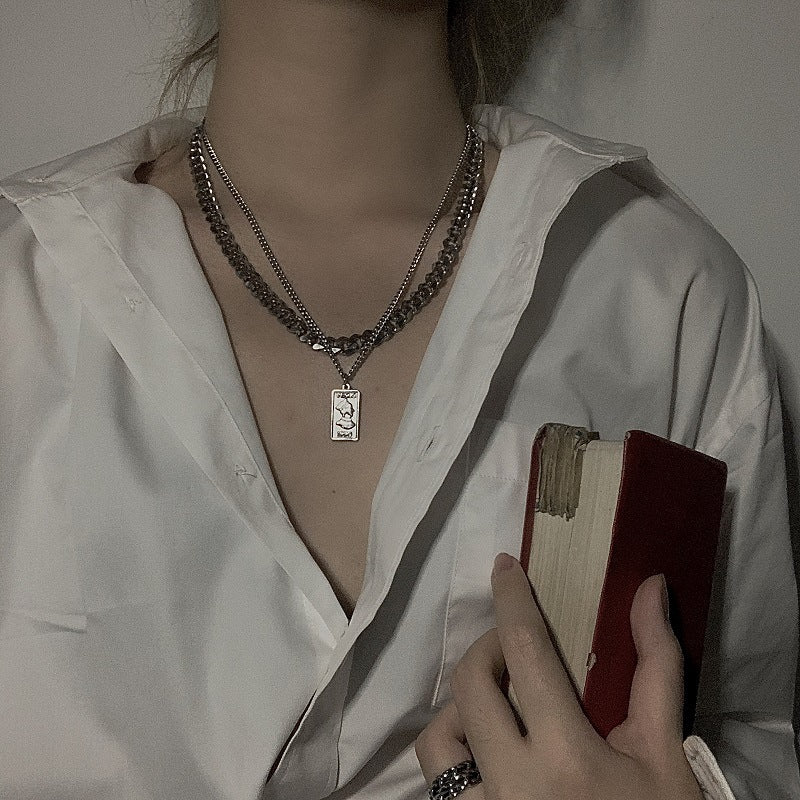 Collana da uomo e donna a doppia catena cubana geometrica minimalista in acciaio inossidabile con ciondolo in acciaio al titanio lucidato