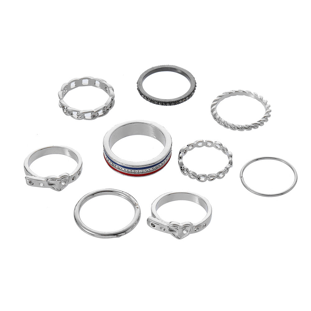 Minimalist Casual Geometric Heart Alloy Ring Set with Rhinestone and Drip Oil Detail
