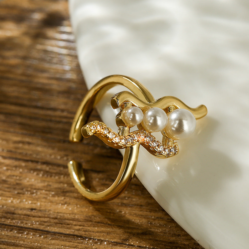 Geometric Open Ring for Women with Copper Base Plated in Real Gold Micro-Paved Zirconia and Pearl Accents