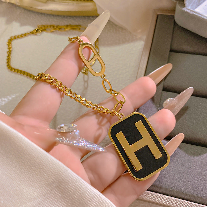 Gold Plated Titanium Steel Rectangle Letter H Necklace
