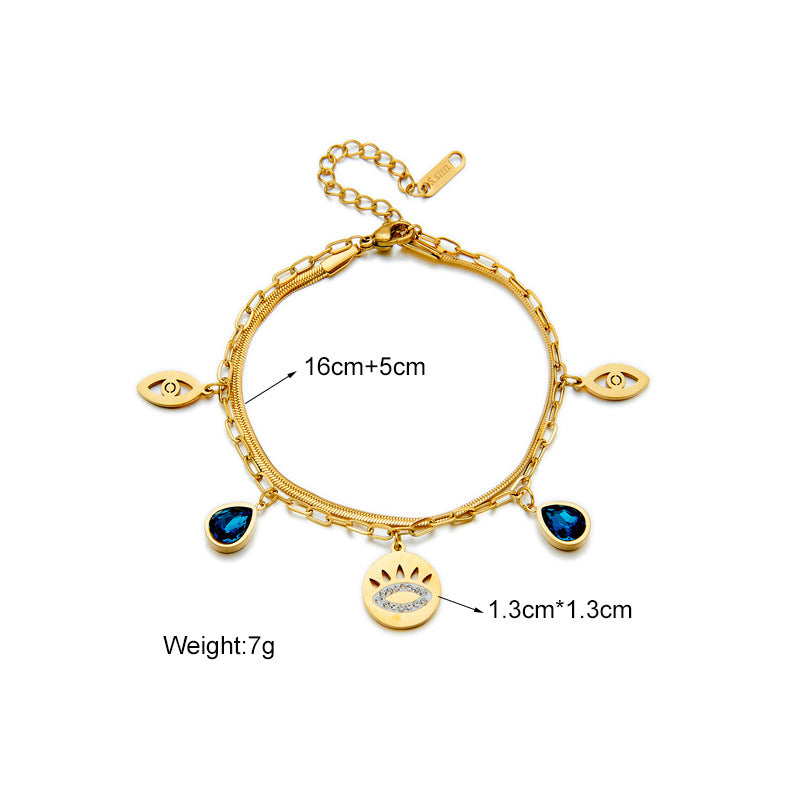 Minimalist Retro Blue Rhinestone Teardrop Hollow Eye Bracelet in Titanium Steel with Double Layer Chain
