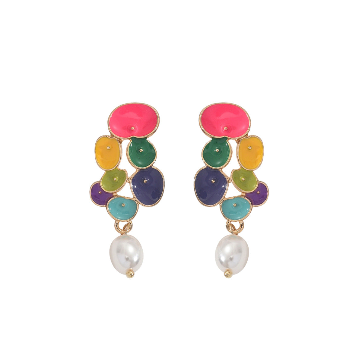 Orecchini a forma di fiore alla moda in rame con intarsio di perle per donne, design a petalo smaltato, perno in acciaio inossidabile