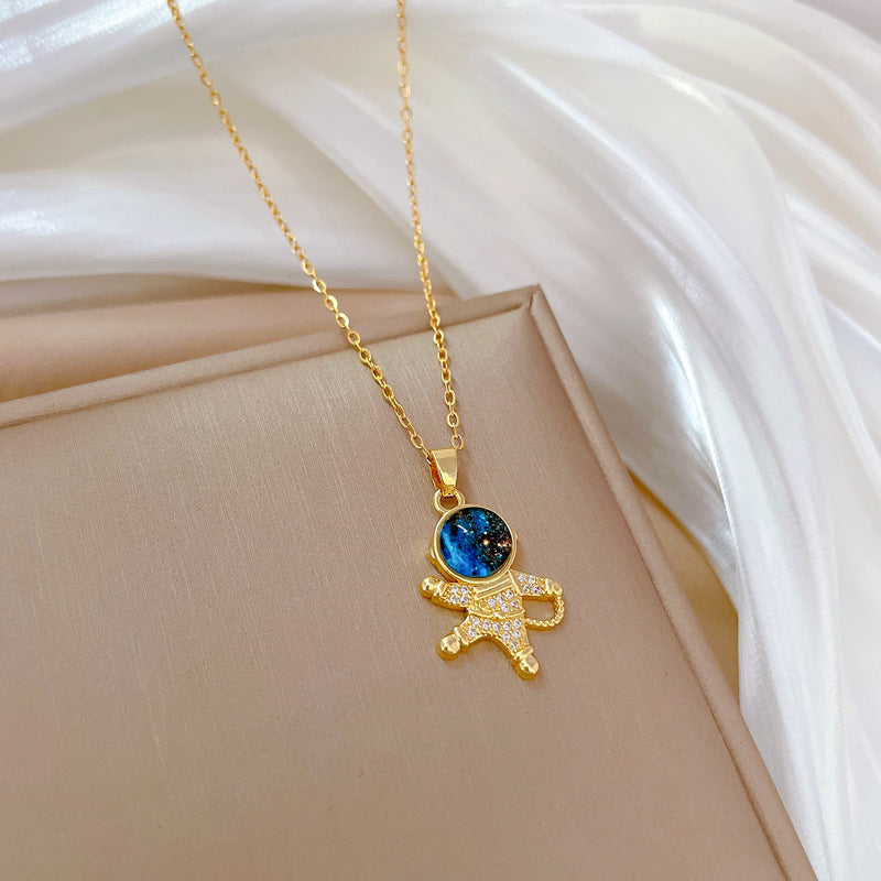 Collar de lujo con colgante de astronauta y planeta, cadena de clavícula geométrica de acero de titanio
