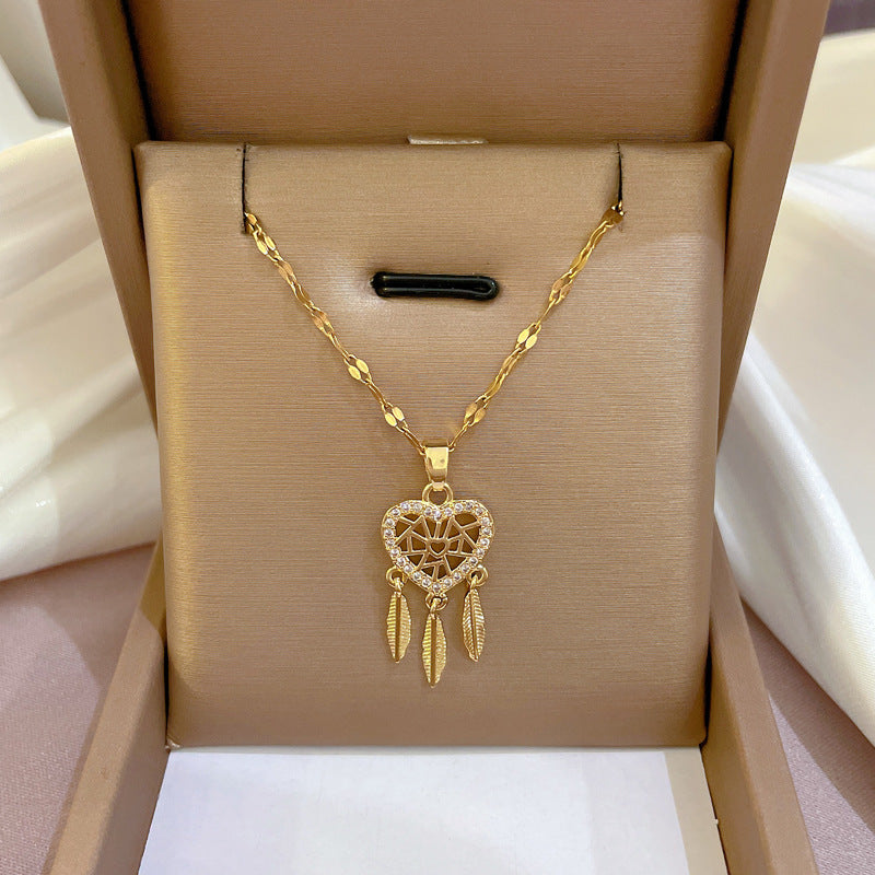 Luxury Natural Fresh and Sweet Feather Geometric Titanium Steel Collar Necklace with Rhinestone Inlay