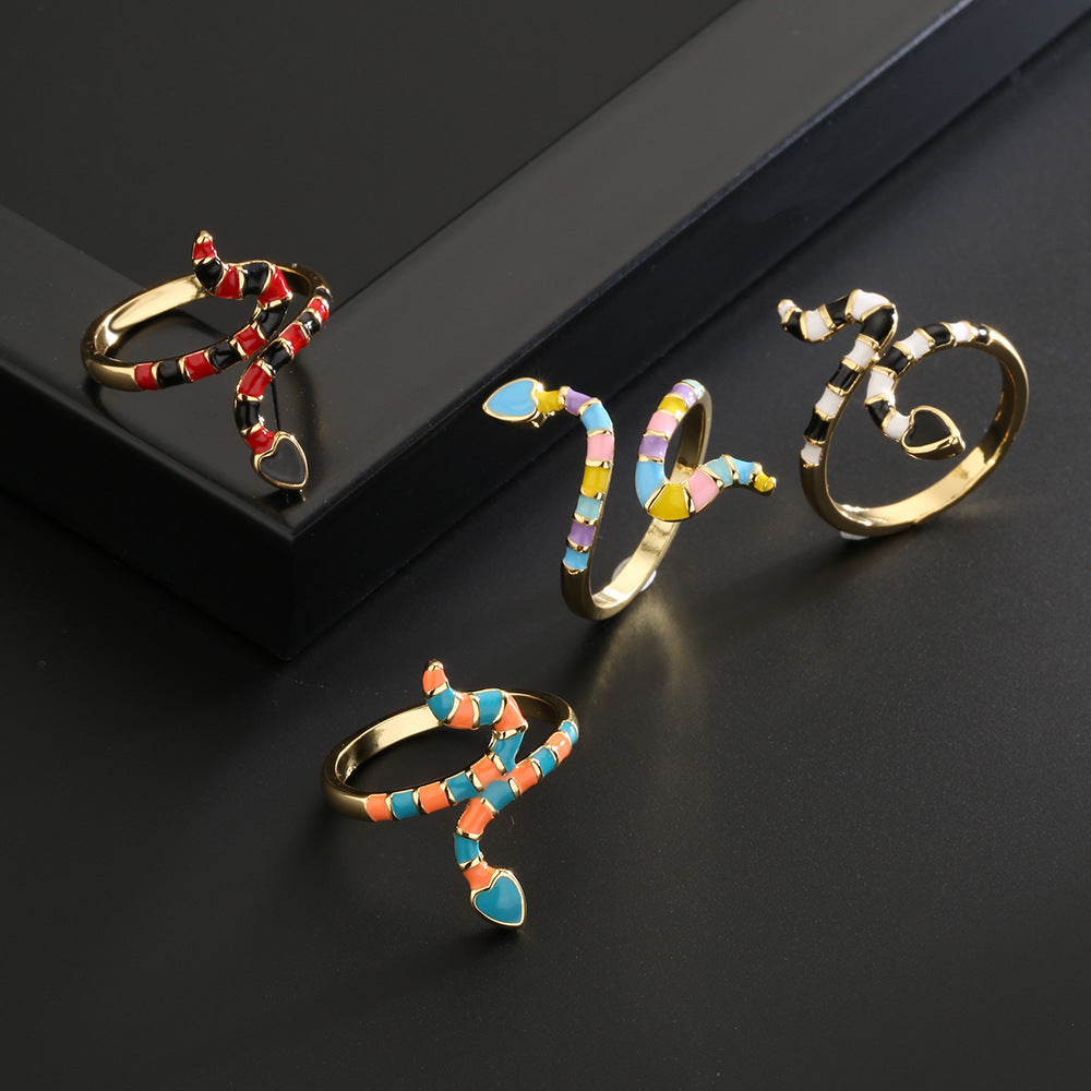 Bohemian Style 18K Gold Plated Copper Snake Shape Open Ring with Enamel Micro-Inlay for Women