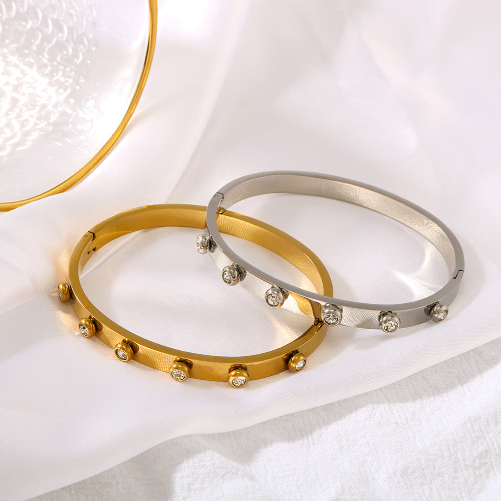 Fashionable Ins Style 18K Gold Plated Stainless Steel Round Zircon Irregular Buckle Bracelet for Women