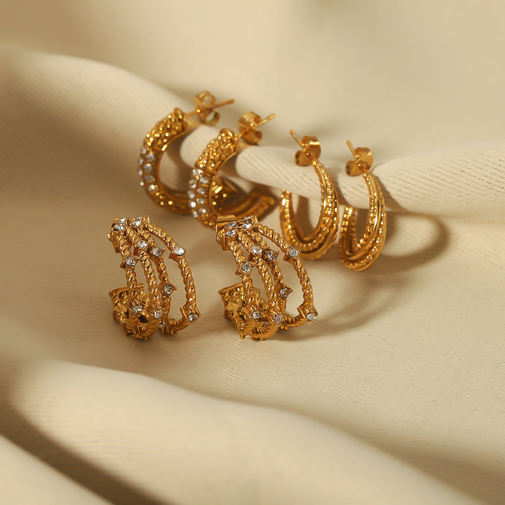Geometric Stainless Steel Earrings with Zircon Inlay and Vacuum Gold Plating for Women