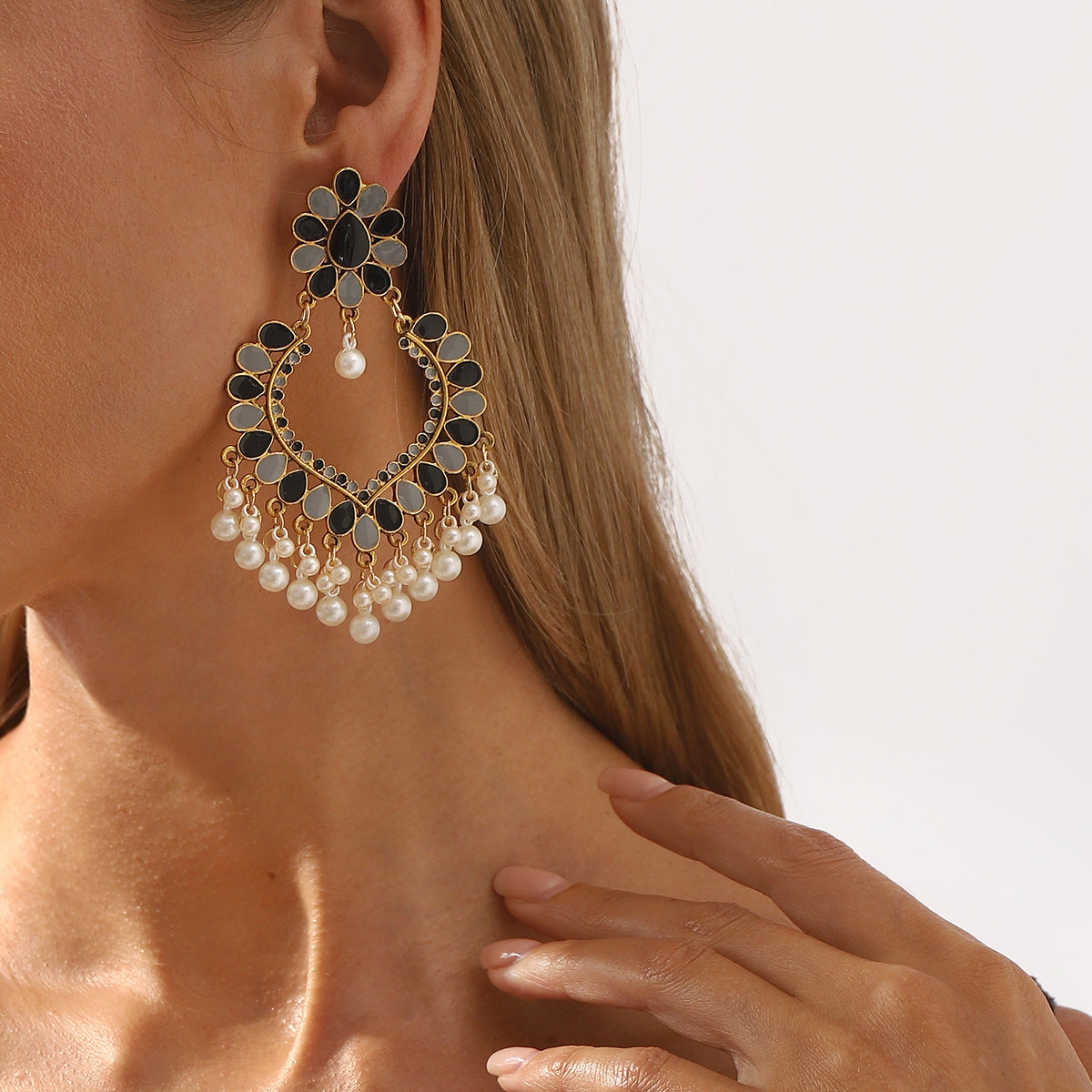 Vintage Palace Style Geometric Resin Post Enamel Earrings with Pearl Tassels for Women