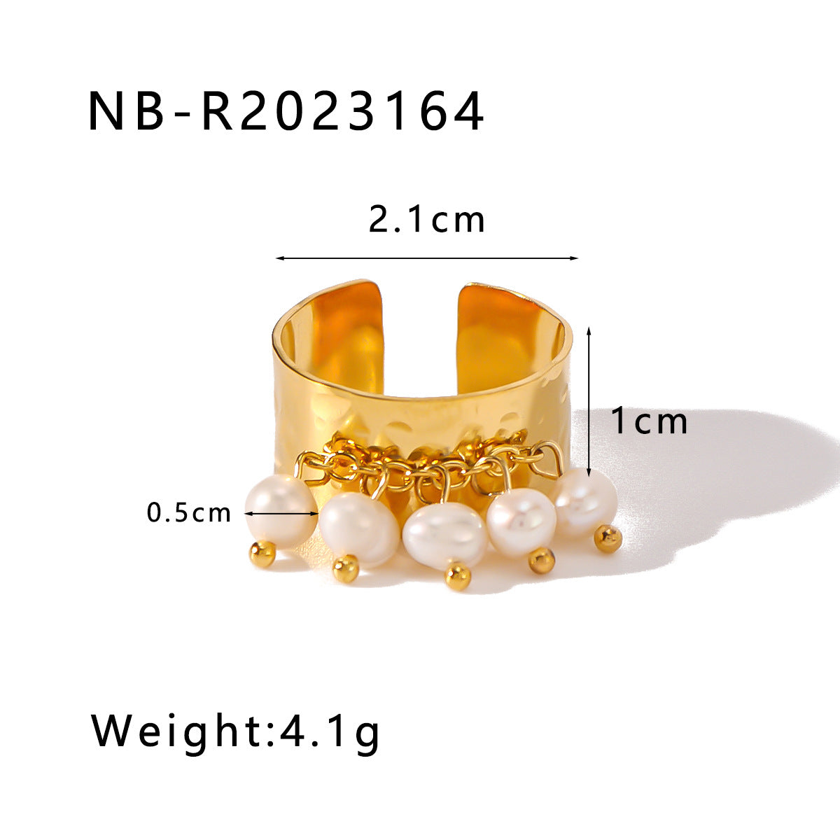 Vintage French Style Geometric Pearl Pendant Stainless Steel Ring with 18K Gold Plating Adjustable Opening Design