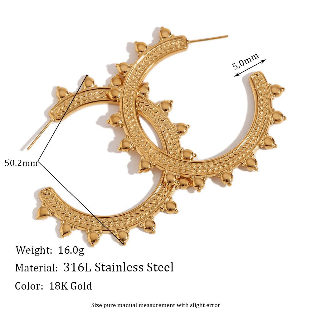 Minimalist Geometric Stainless Steel Plated 18K Gold Bohemian Wheat Pattern Large C-Shaped Hoop Earrings for Women