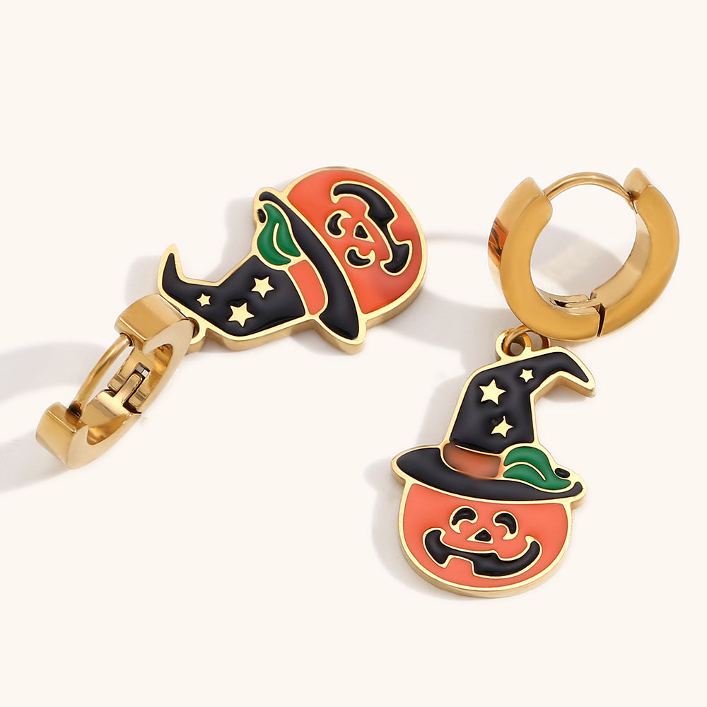 Orecchini a forma di teschio di zucca carini per Halloween in acciaio inossidabile con placcatura in oro 18 carati, design geometrico, stile ufficio alla moda