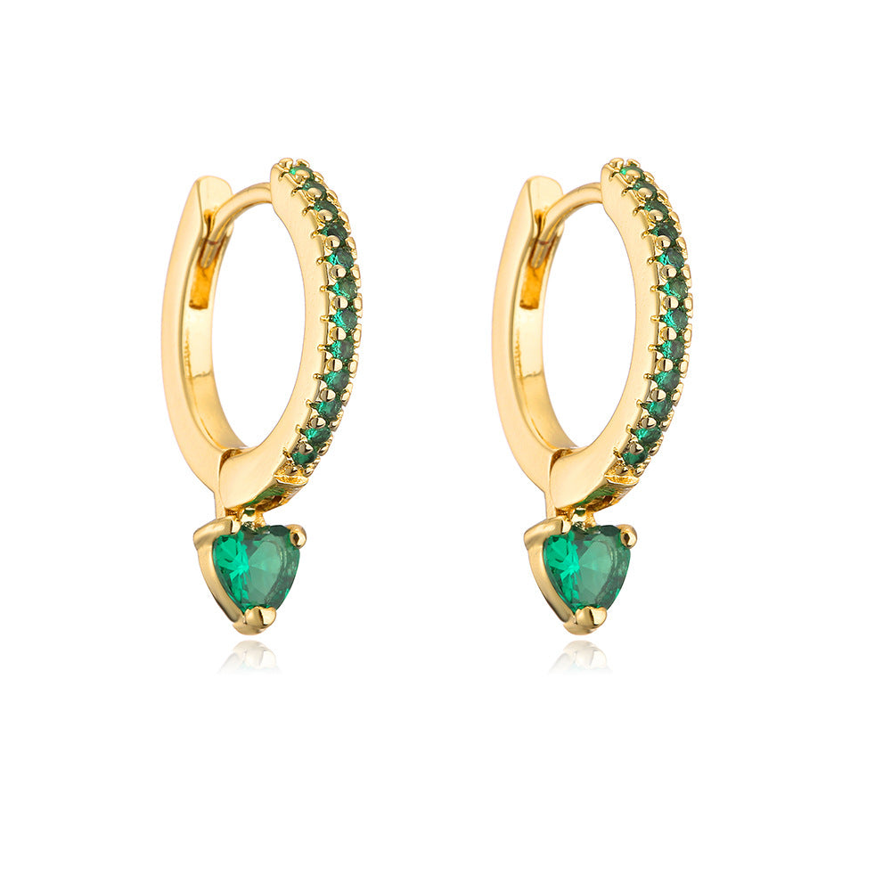 Geometric Heart-Shaped Copper Earrings with 18K Gold Plating and Zircon Inlay for Women