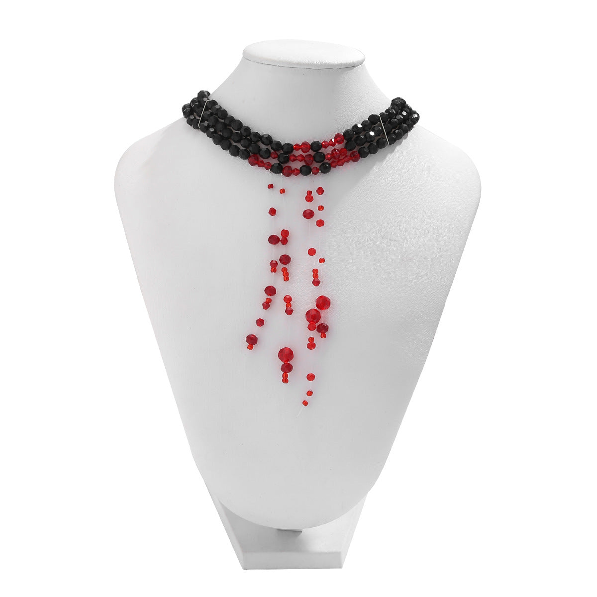 Gothic Red Teardrop Crystal Beaded Choker Necklace with Tassel for Women