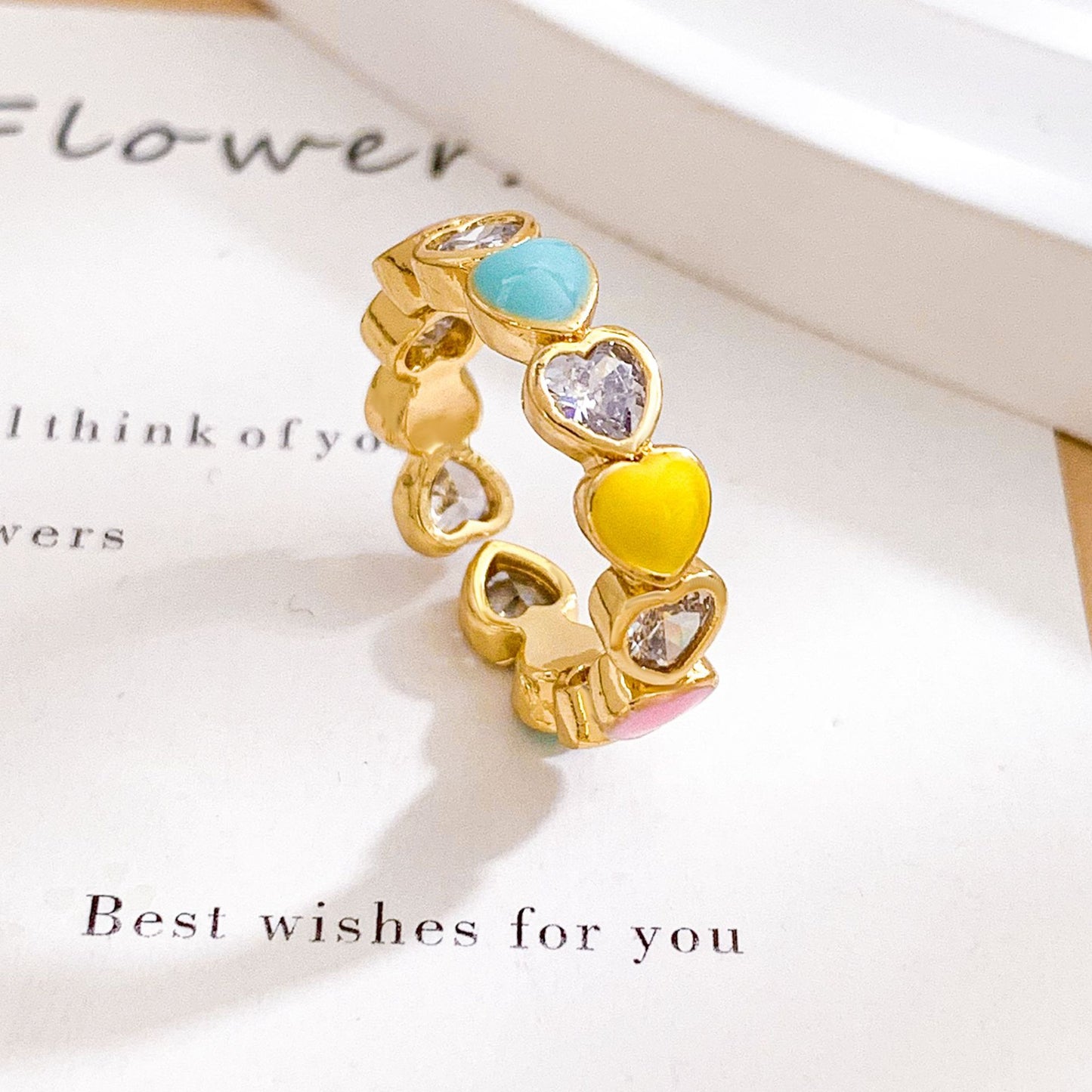 Minimalist Colorful Heart Drip Oil Gold Plated Brass Adjustable Ring for Women