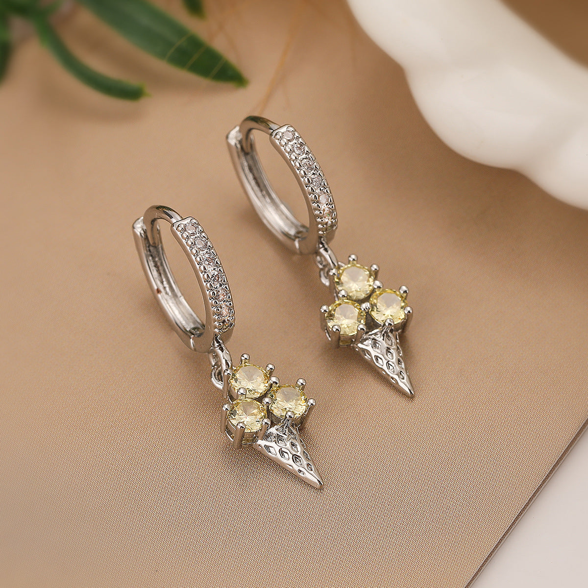 Minimalist Geometric Ice Cream Shaped Copper Earrings with Real Gold Plating and Zircon Accents for Women