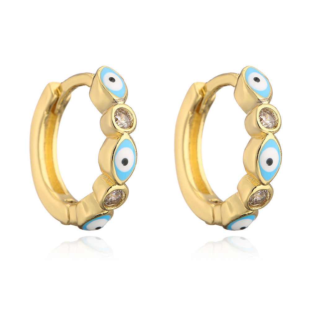 Orecchini a Cerchio Geometrici Minimalisti in Rame con Placcatura in Oro 18K e Design a Occhio di Allah in Zirconia Smaltata per Donna