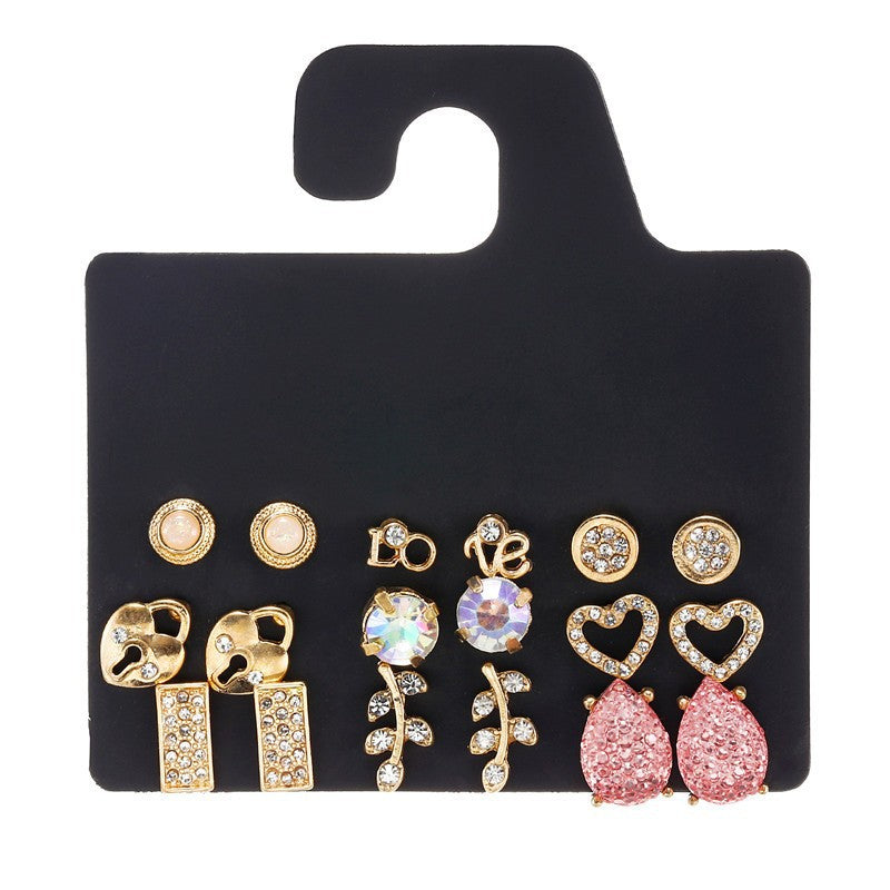 Vintage Geometric Leaf Compass Hollow Rectangle Round Stud Earrings Set Alloy Plated Micro-inlay Unisex