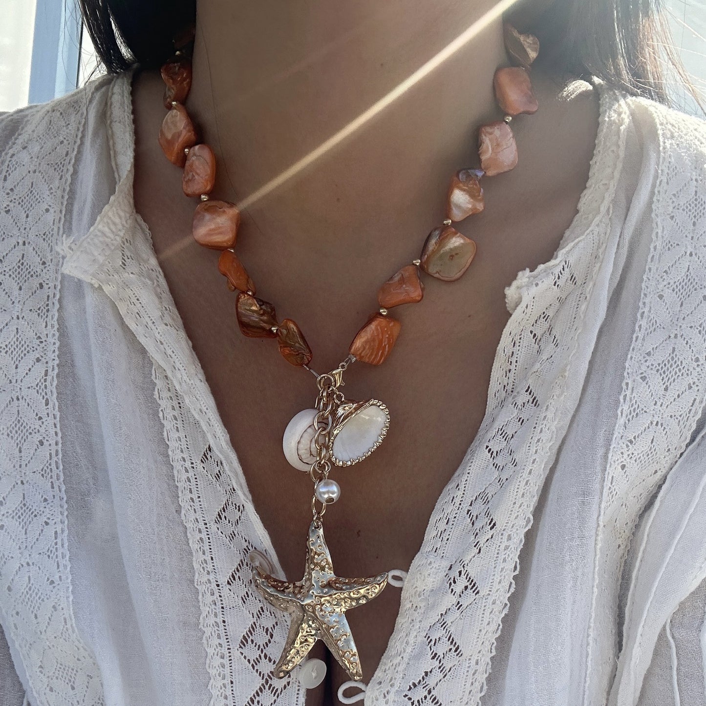 Sweet Geometric Star Zinc Alloy Plated Necklace with Irregular Shell and Starfish Pendant for Women