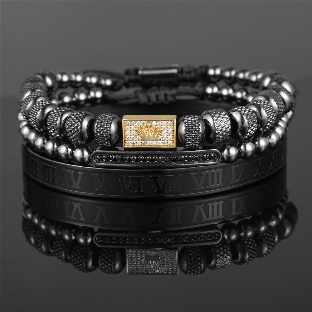 Vintage Crown Geometric Micro-inlay Stainless Steel Mesh Open Cuff Bracelet Set for Unisex