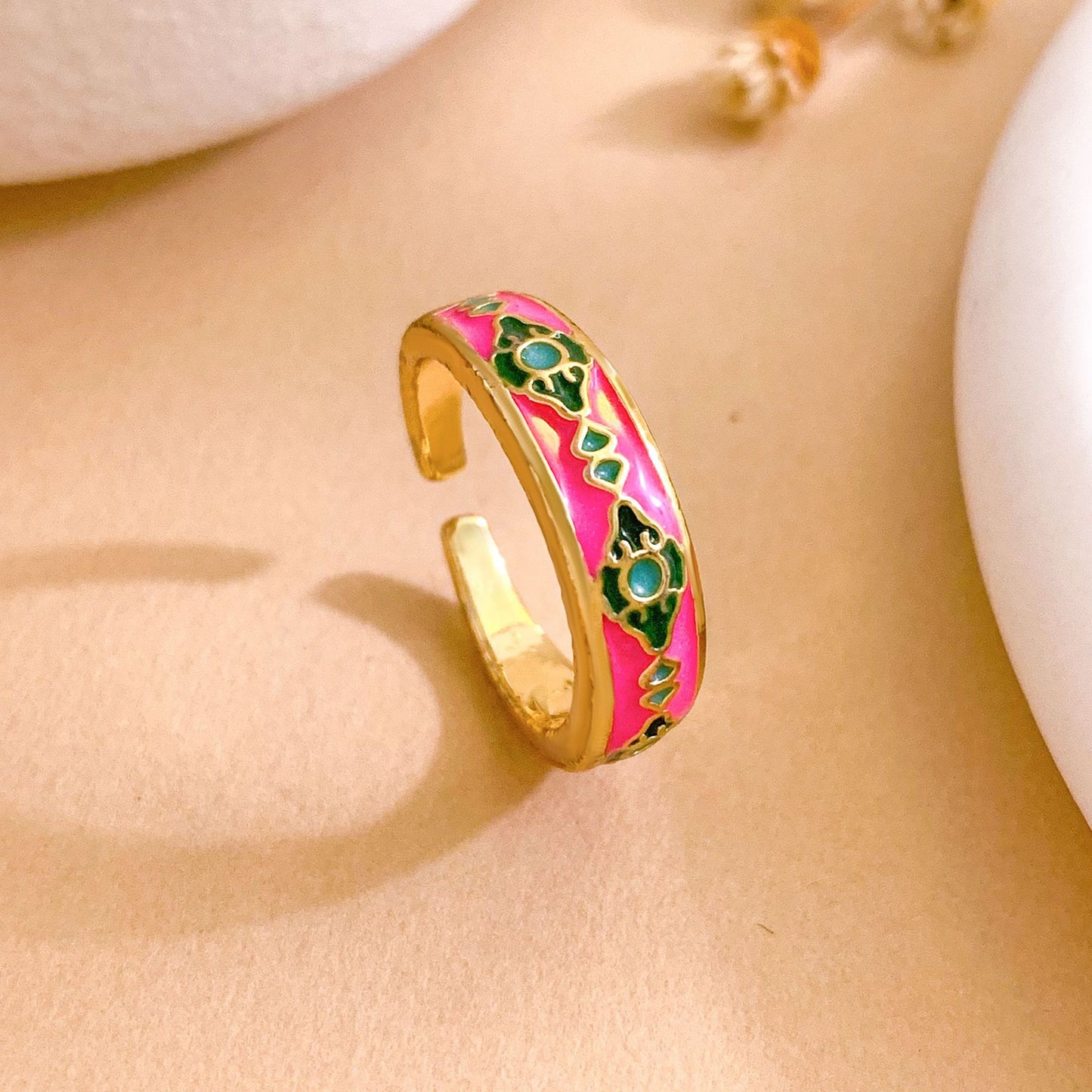 Vintage Sweet Geometric Polka Dot Gold Plated Brass Adjustable Ring for Women