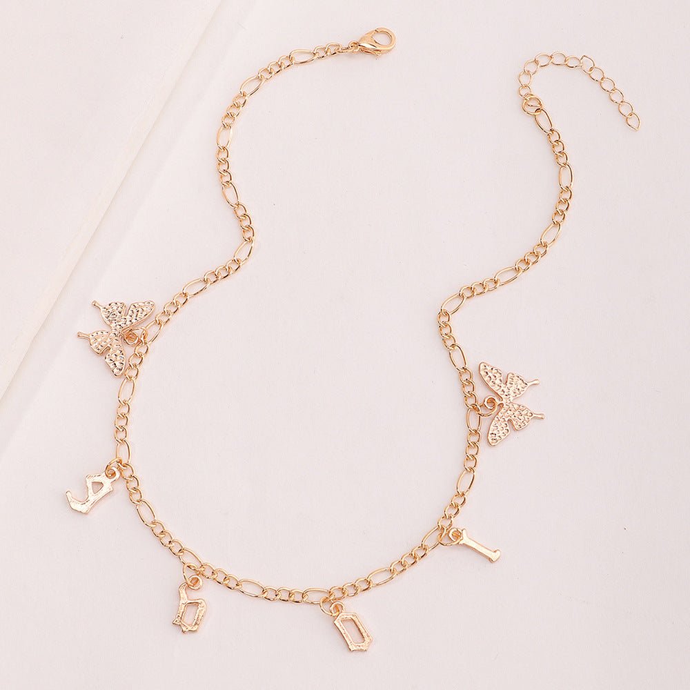 Collar colgante de mariposa estilo punk con letras para mujer en aleación con acabado chapado en cadena de caja