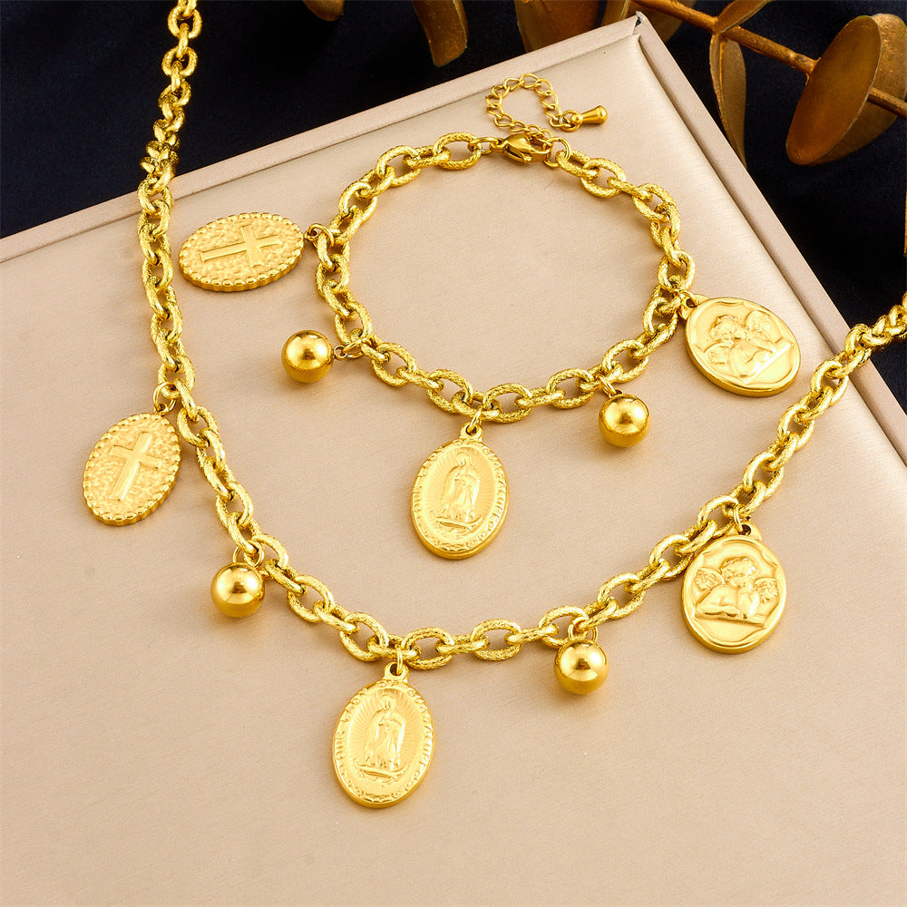 Vintage Oval Portrait Coin Pendant Necklace Set in Stainless Steel with Gold Plating for Women