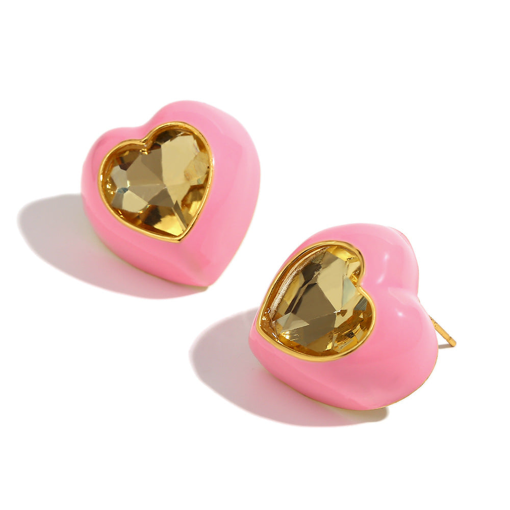 Orecchini da donna alla moda a forma di cuore in acciaio inossidabile placcati oro 18 carati e smaltati