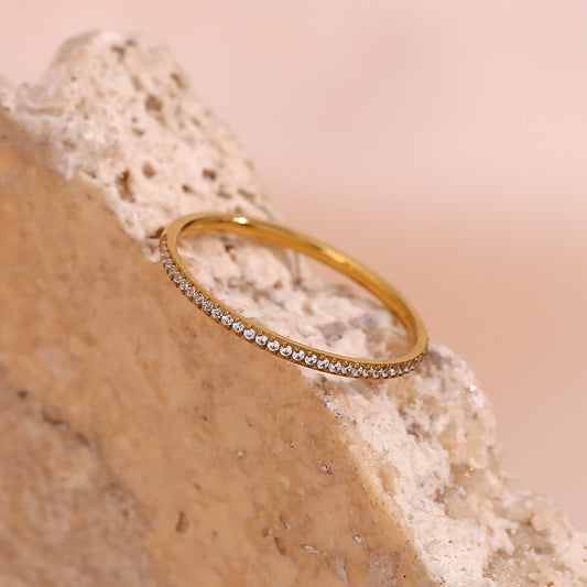 Minimalist Geometric Stainless Steel Plated 18K Gold Micro-Pavé Zirconia Ring for Women
