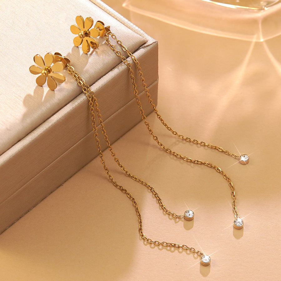 Elegant Stainless Steel Four-Leaf Clover Earrings with Cubic Zirconia and Tassel Design for Women