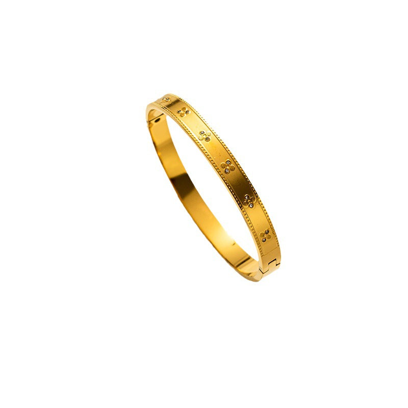 Bracciale Lusso Minimalista a Quadrifoglio in Acciaio al Titanio con Placcatura Oro e Intarsio di Strass