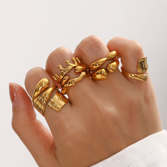 Irregular Geometric Stainless Steel Ring for Women with Adjustable Opening Design, Hip Hop Style Fashion Ring