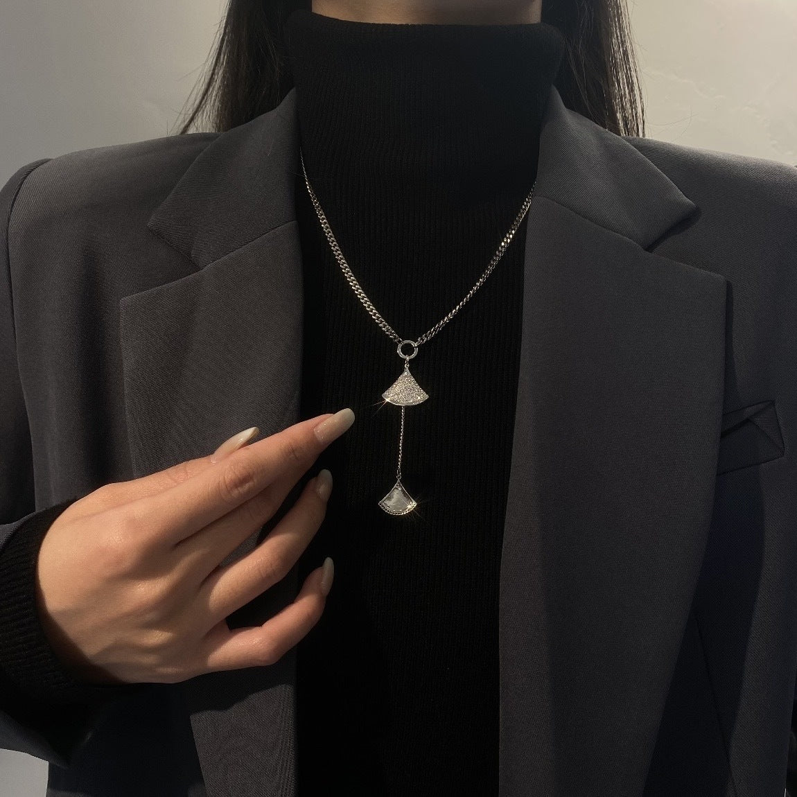 Minimalist Fan-Shaped Titanium Steel Pendant Necklace with Micro-Pavé Zirconia for Women, Electroplated Waterwave Chain