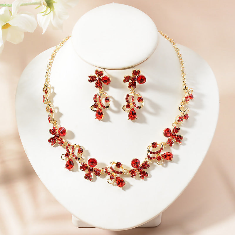 Elegant Floral Rhinestone Plated Necklace and Earring Set for Women Wedding Party