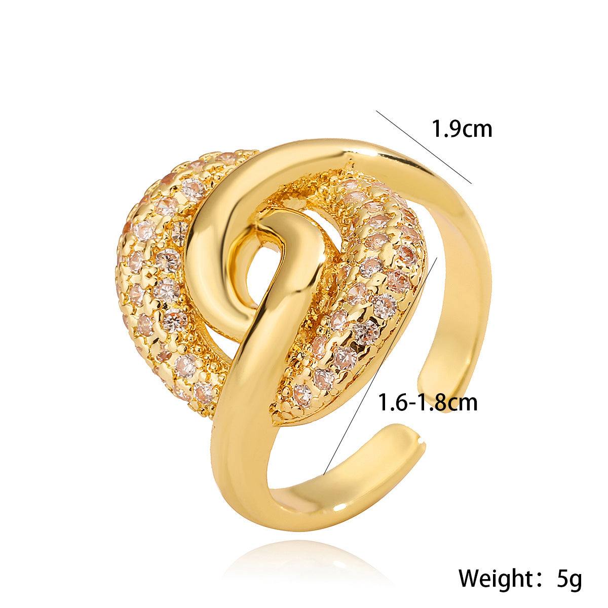 Anello Aperto Geometrico da Donna in Rame Placcato Oro 18K con Intarsio di Zirconi, Fascia Minimalista e di Tendenza