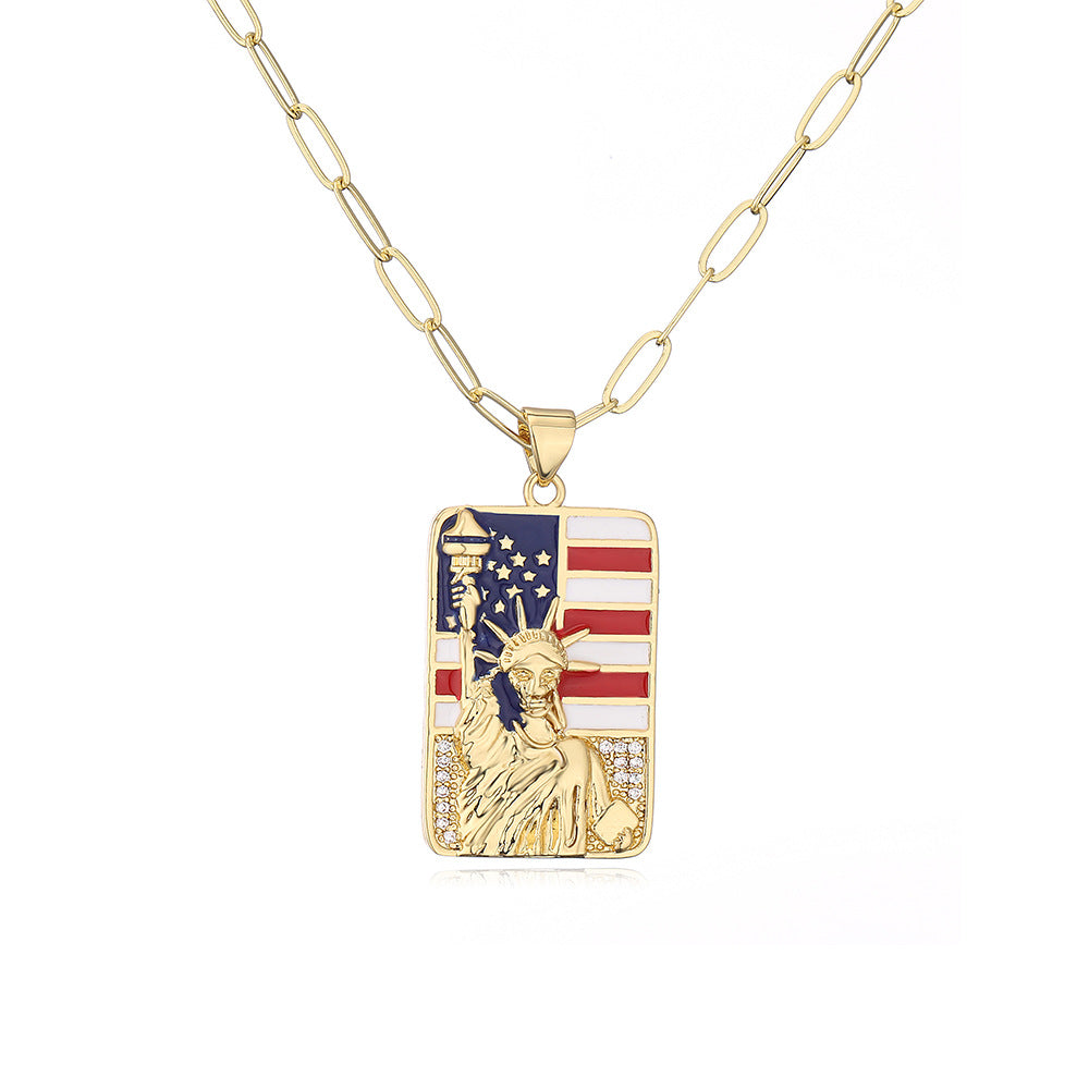 Minimalist Square Liberty Goddess Pendant Necklace for Women with Copper Base Plated in Real Gold and Enamel Finish with Micro-Pave Zirconia