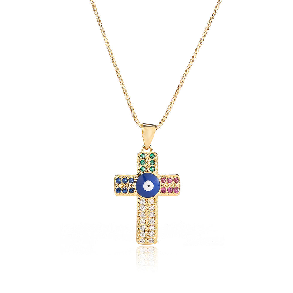 Collana con ciondolo a croce geometrica minimalista da donna con base in rame placcata in vero oro e intarsio di zirconi
