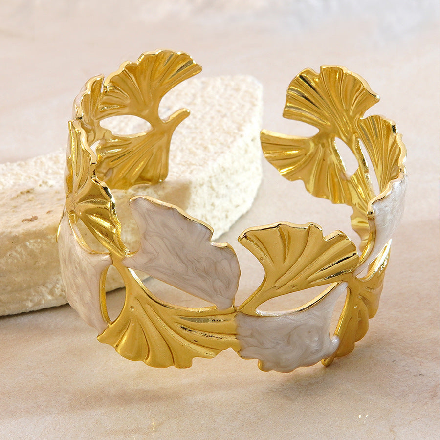 Sweet Minimalist Drip Oil Floral Ginkgo Leaf Stainless Steel Cuff Bracelet