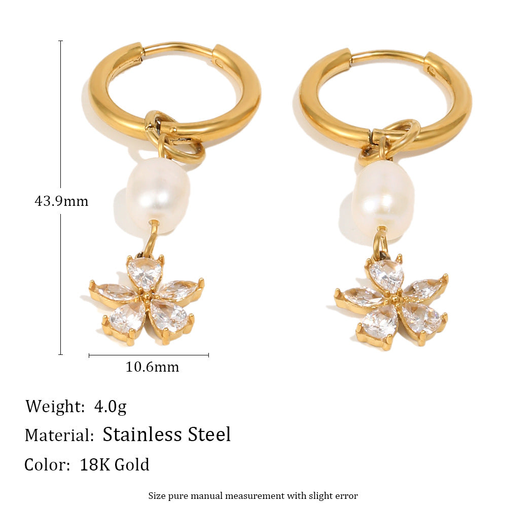 Elegant Luxury 18K Gold Plated Stainless Steel Floral Pearl Tassel Earrings for Women