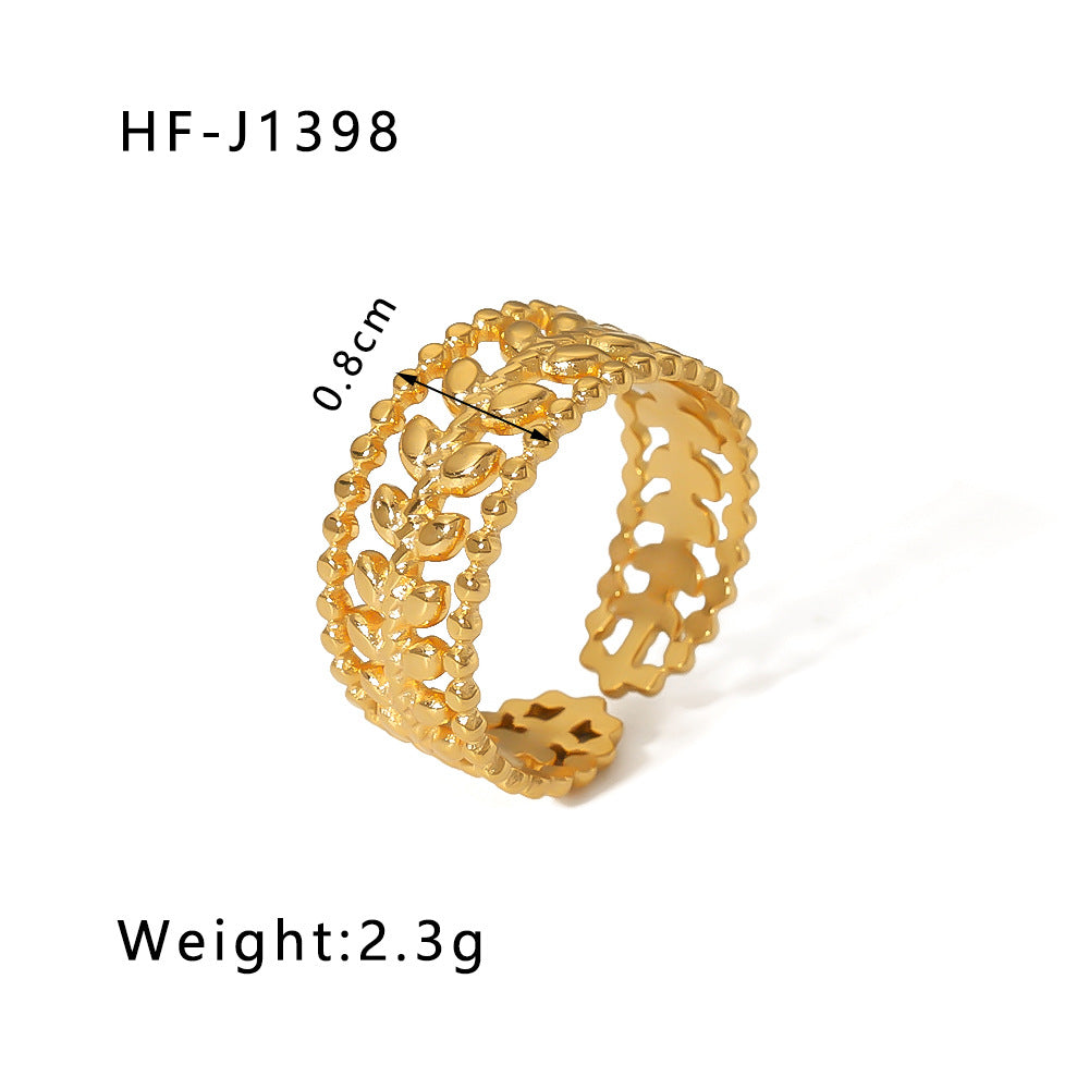 Minimalist Instagram Style Geometric Hollow Leaf and Floral Titanium Steel Ring with 18K Gold Plating for Women