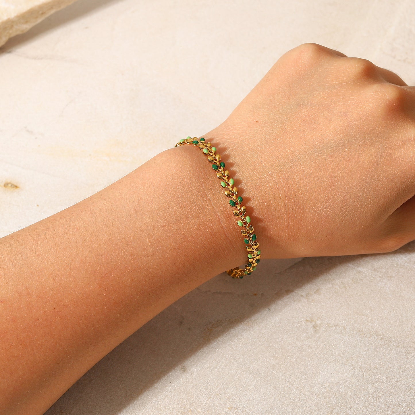 Fashionable 18K Gold Plated Green Enamel Olive Leaf Geometric Stainless Steel Bracelet for Women