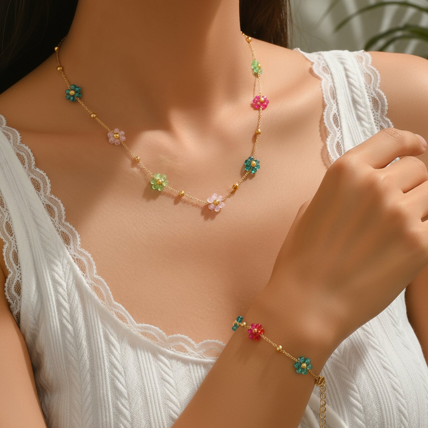 Set Collana e Bracciale da Donna con Perline e Fiori placcati in Acciaio Inossidabile, con Motivo Floreale di Tendenza