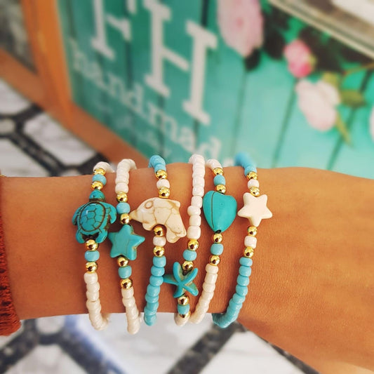 Pulsera bohemia de turquesa con corazón, estrella de mar y tortuga, con cuentas Miyuki, para mujer