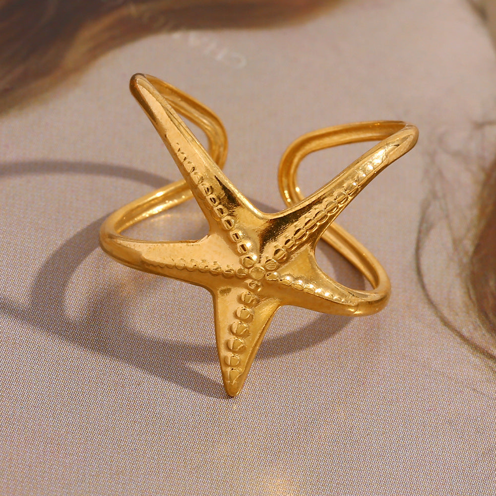 Anello da donna in acciaio inossidabile a forma di stella, placcato oro 18K, ispirato all'oceano, per gioielli da mano