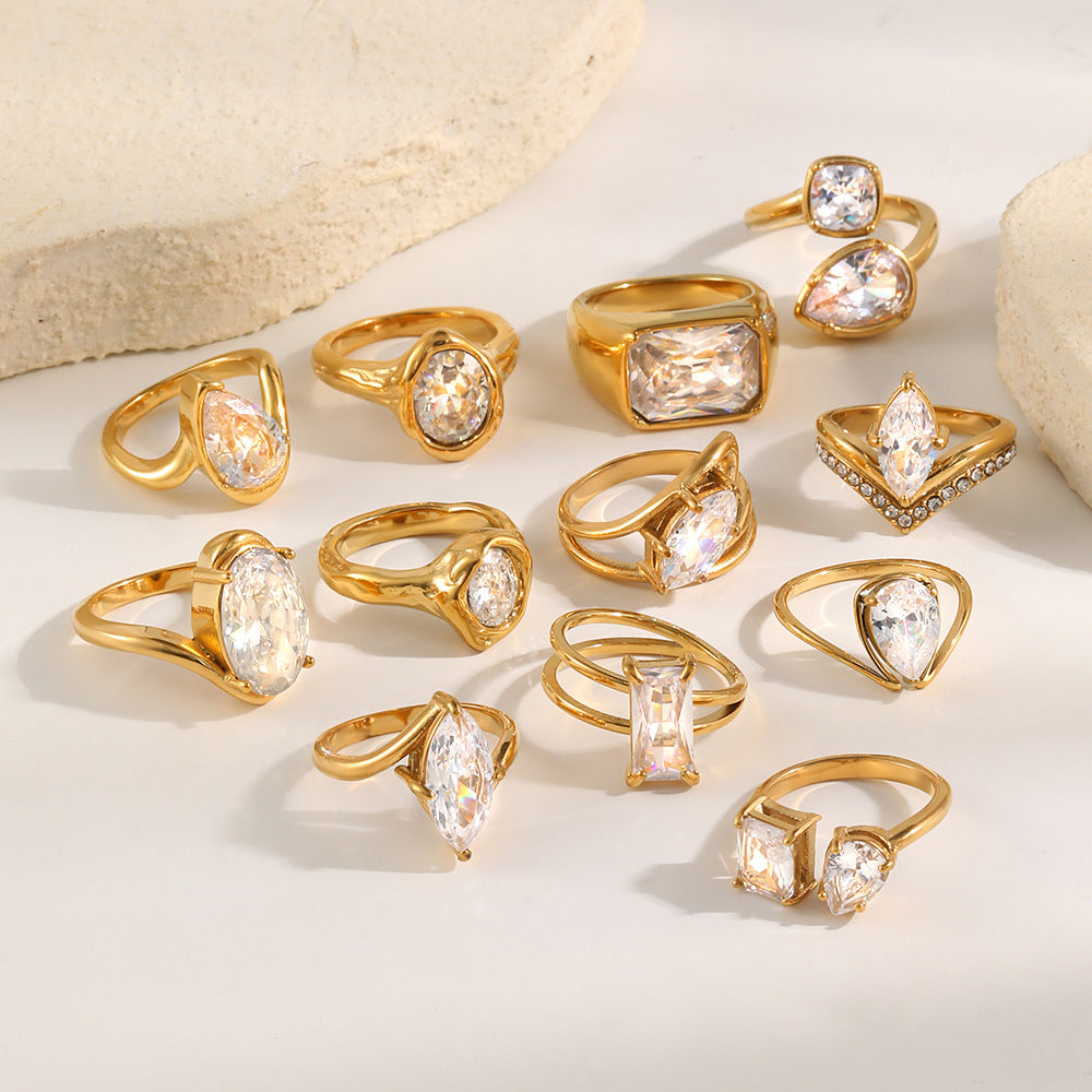 Luxury Minimalist Marquise Teardrop Geometric Gold Plated Stainless Steel Ring with Cubic Zirconia for Women