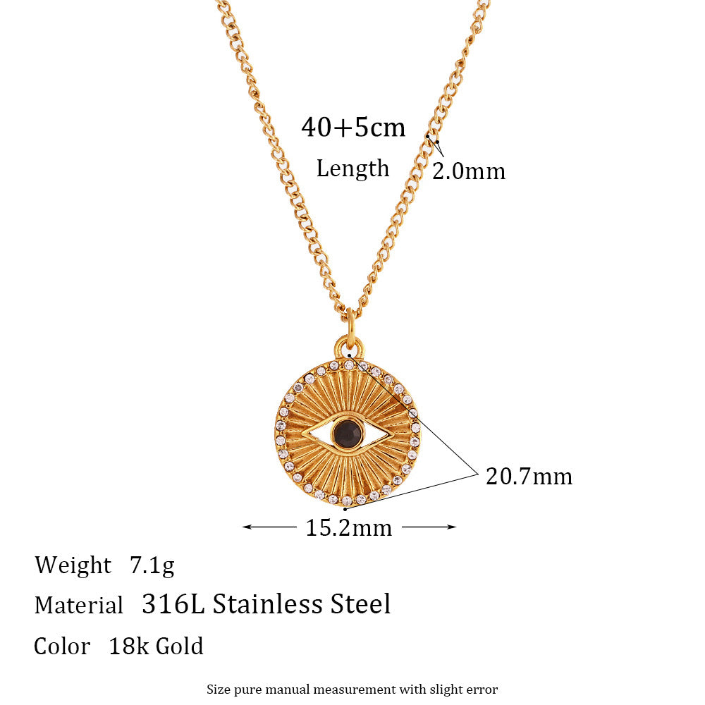 Minimalist Black Eye Pendant Necklace in Stainless Steel with 18K Gold Plating and Rhinestone Inlay, Sunburst Coin Shape