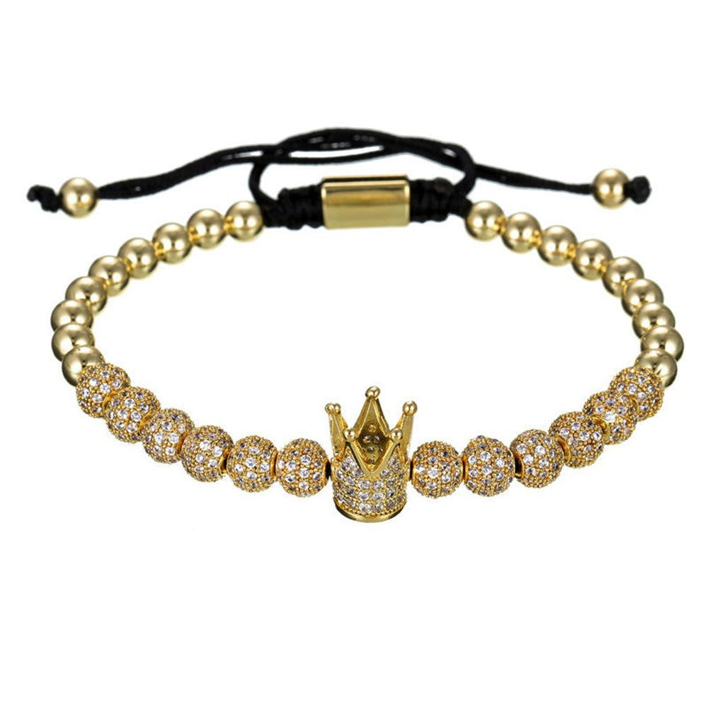 Fashion Geometric Micro-pave Cubic Zirconia Brass Round Bead Crown Braided Adjustable Bracelet