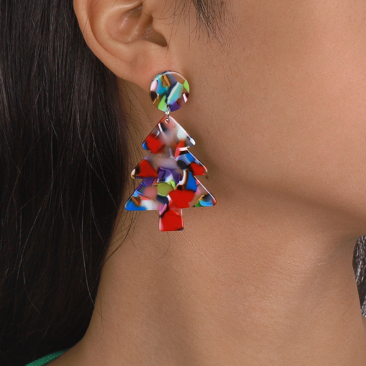 Aretes de árbol de Navidad Sweet-Edgy geométricos de aleación y resina con acabado galvanizado para mujer